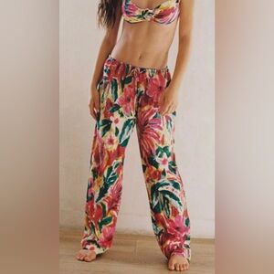 Montce Floral Wide-Leg Lounge Pants in Pink, Green & Yellow